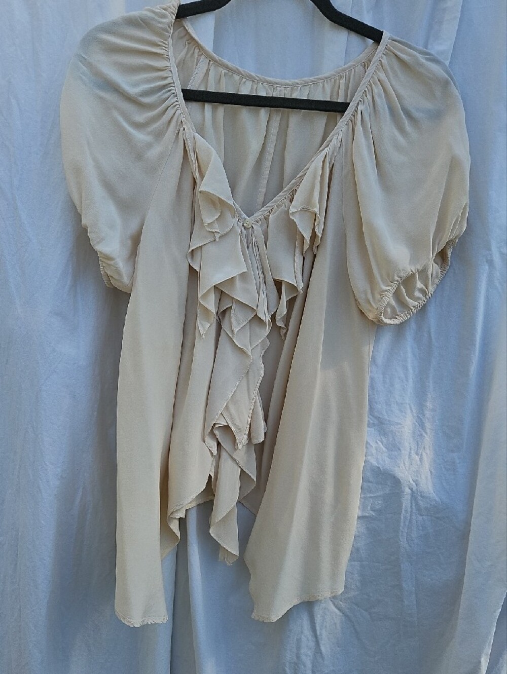 Silk Cream Ruffle Front Puff Short Sleeve Blouse0023